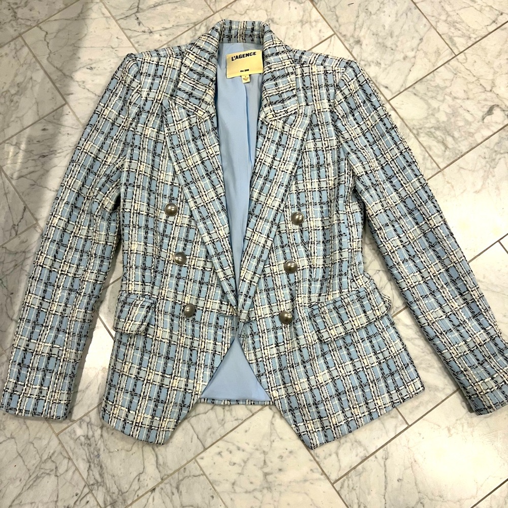 L'AGENCE Light Blue Plaid Tweed Double-Breasted Blazer